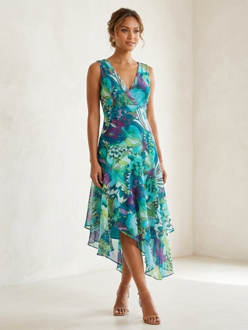 Y2K Asymmetrical Bias Midi Dress 6 Teal Purple Print Fairy Ethereal Romantic